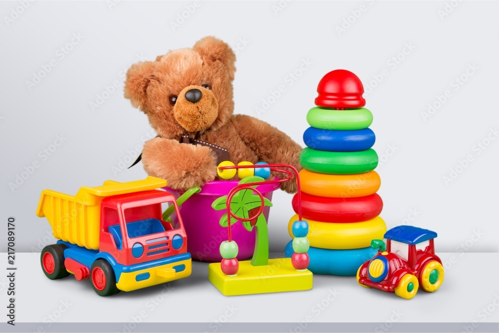 Toys collection isolated on  background - obrazy, fototapety, plakaty 