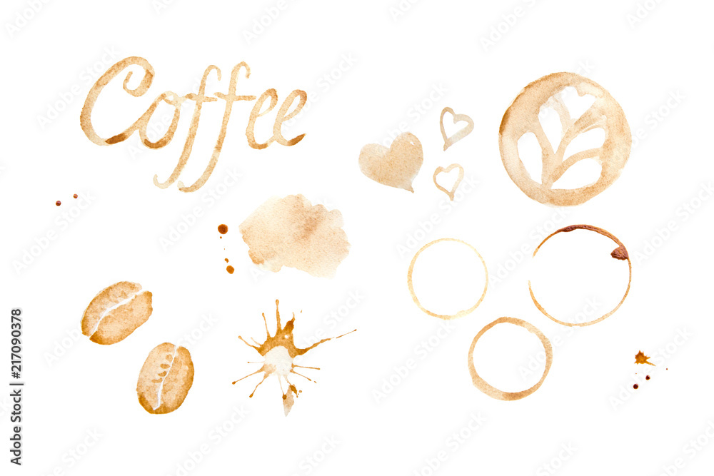 Coffee painting for the set of word “Coffee”, beans, drops, heart, circle, latte art and splash on white background Coffee painting for the set of word “Coffee”, beans, drops, heart, circle, latte art and splash on white background