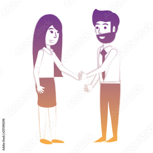 Businessman and woman shaking hands firmly over white background, vector illustration
