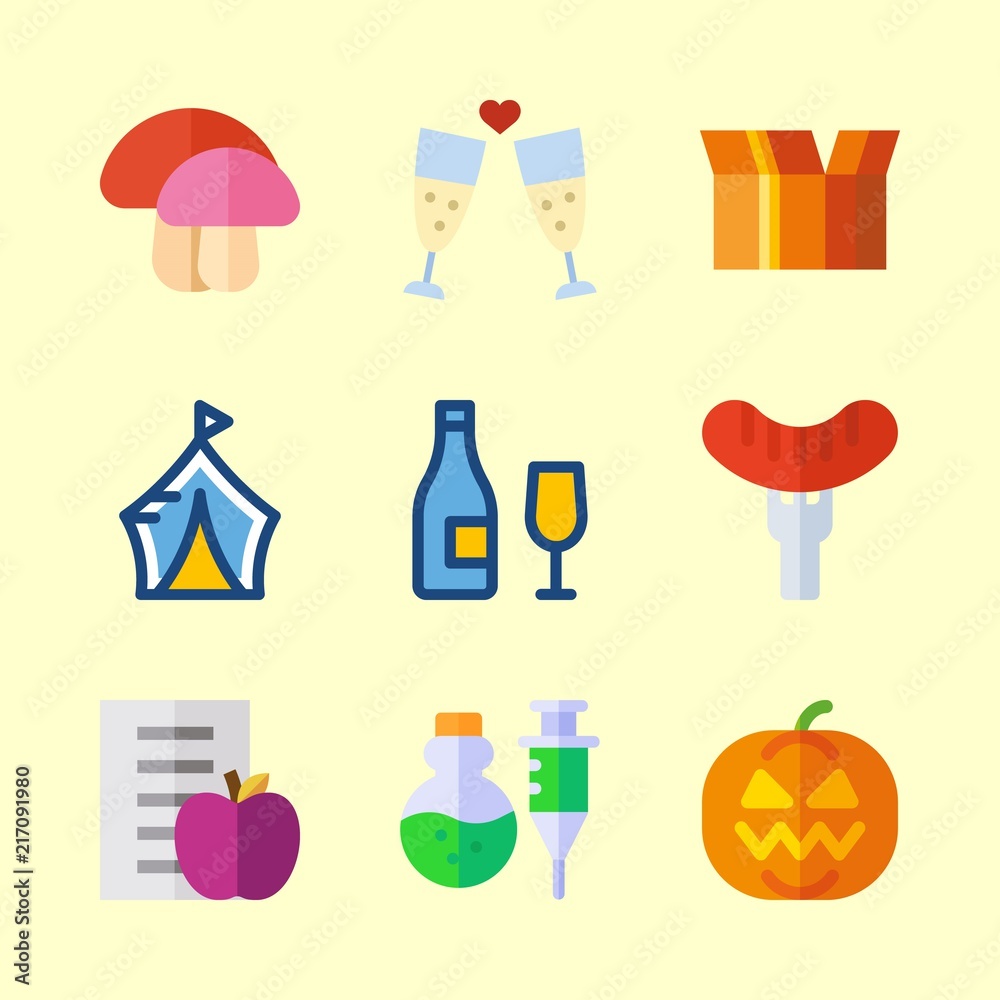 food vector icons set. hot dog, poison, mushroom and wine in this set food vector icons set. hot dog, poison, mushroom and wine in this set