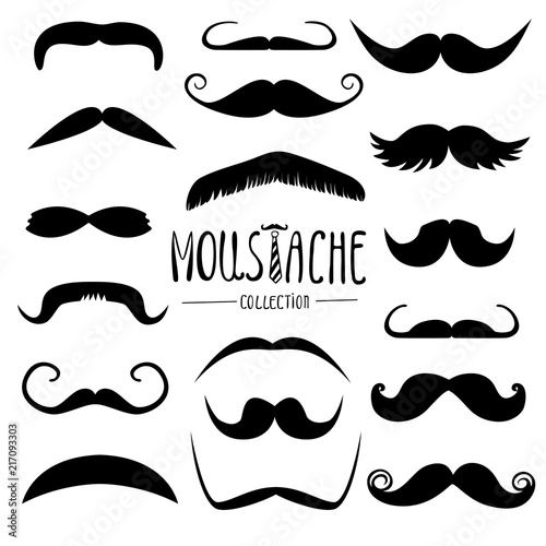 Moustache set collection used for photo booth props objects or party. Vector black and white silhouettes illustration isolated on white background 