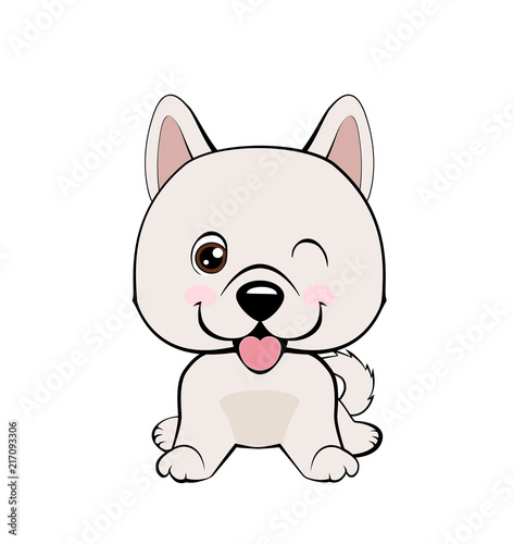 Kawaii funny puppy animal white muzzle with pink cheeks and winking eyes. © mlanaa
