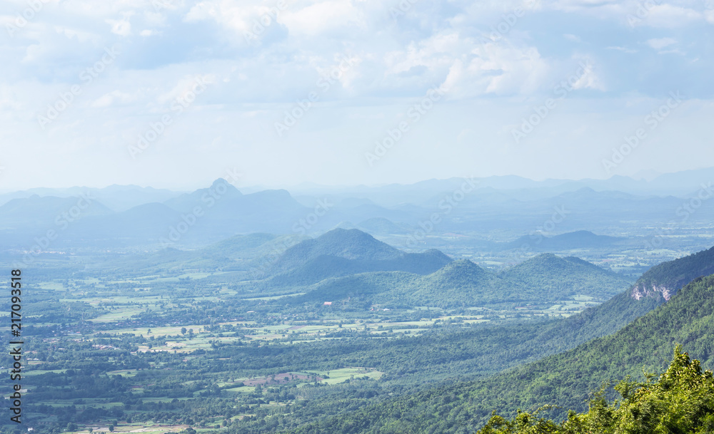 High angle landscape view over rainforest   mountains from Phu Pa Por view point at Loei province ,Thailand .