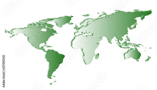 flat white world map silhouette angle view with shadows on a white background.
