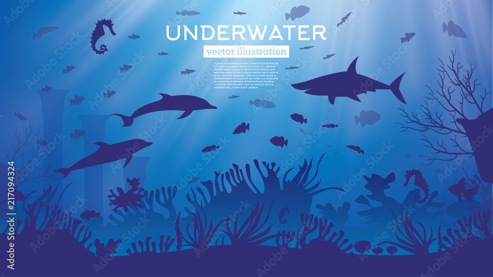 Obraz premium Underwater Sea or Ocean Background with Seaweed and Fish.