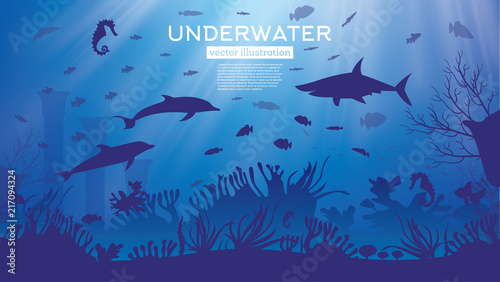 Underwater Sea or Ocean Background with Seaweed and Fish.