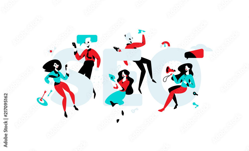 Illustration of Seo Specialists.  Employees in the office. Image is isolated on white background. PR specialists, advertisers. Banner for website and print. Characters.
