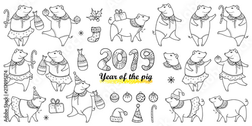 Fototapeta Naklejka Na Ścianę i Meble -  Vector set with outline happy pig in black isolated on white background. Symbol of Chinese New Year 2019 in contour style. Ornate pigs and decoration for winter celebration design and coloring book.