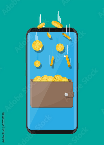 Concept of online income. Earnings in internet network. Electronic wallet. Freelance work. Golden coins flying in wallet on smartphone screen. Growth, income, success. Flat style vector illustration