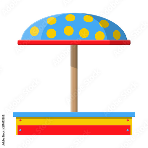 Wooden childrens sandbox for games. Sandbox icon with seats and roof mushroom. Kids playground. Vector illustration in flat style