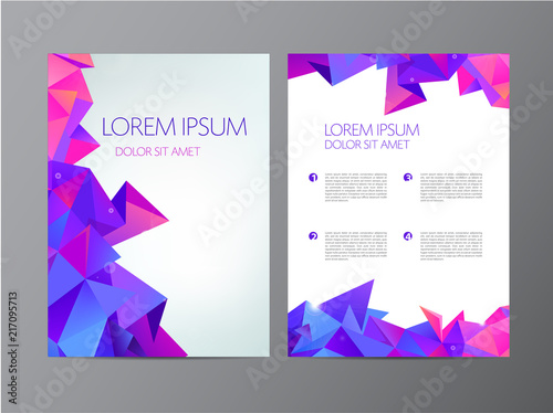 vector flyer, purple brochure abstract design 2 sides, background, cover. Modern crystal, geometric, faceted.