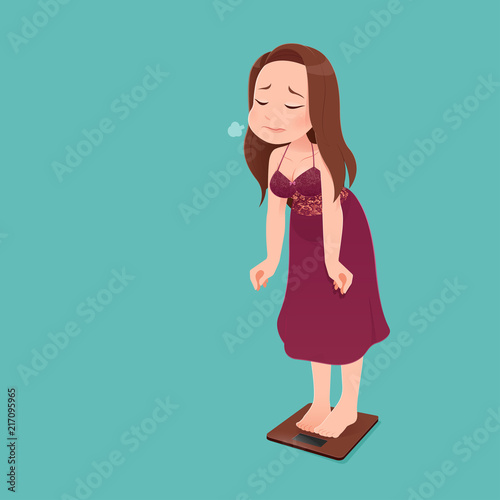 Woman character in long red nightwear with scale unhappy with her weight gesturing sadness and worry against green background. Vector flat cartoon illustration.