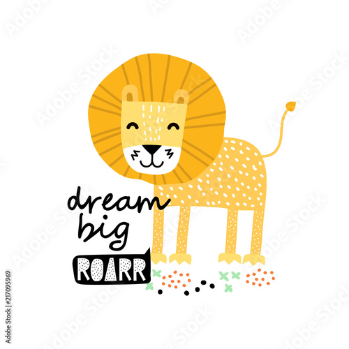 Cute cartoon lion in scandinavian style say Roarr. Vector Illustration. Can be used print print for t-shirts, home decor, posters, cards.