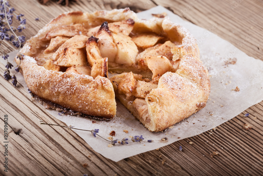 Fruit galette, crusty pie with apples and cinnamon