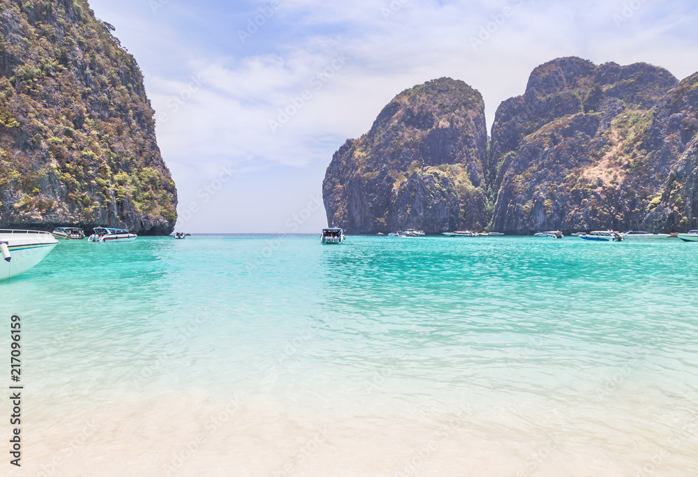 view of maya bay with limestone rock popular tropical beach in phi phi Island, krabi, thailand. 