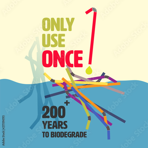 Typographic design with plastic straw outline flat icon as a gimmick. Use once, long time biodegradation concept. Vector illustration.