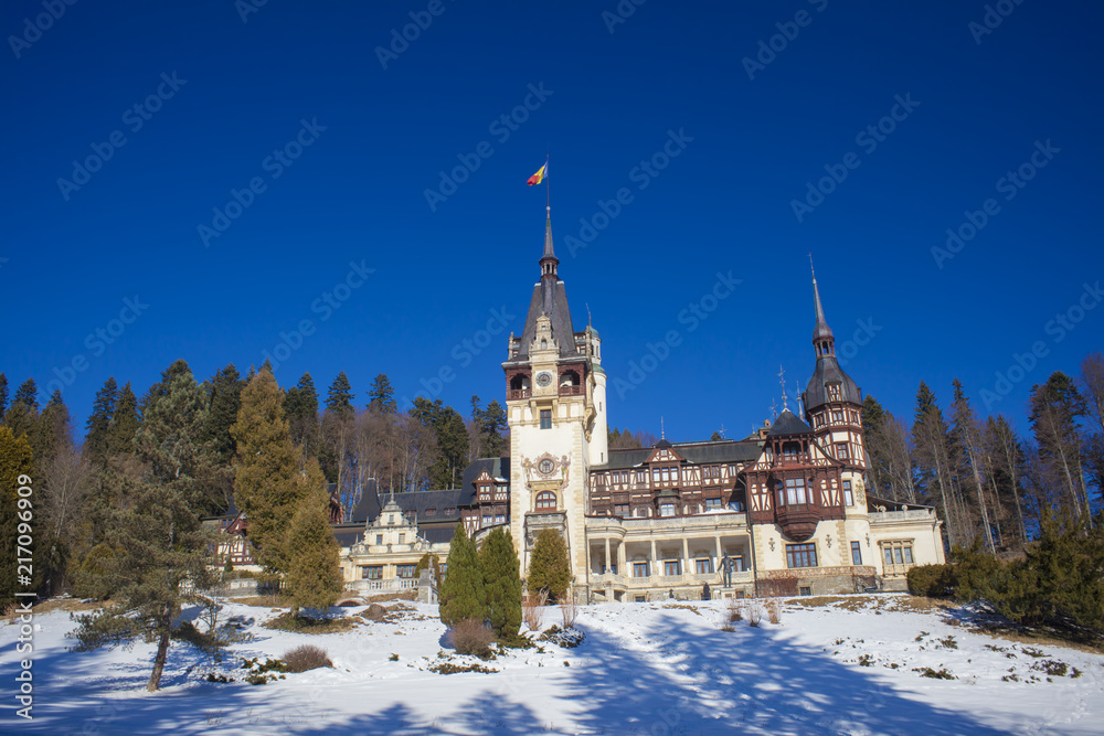 Obraz premium Peles castle in Sinaia, Romania, Winter scene