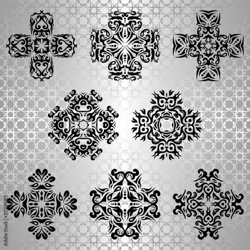 Set of decorative elements in vintage style. Seamless silver background. Vector illustration