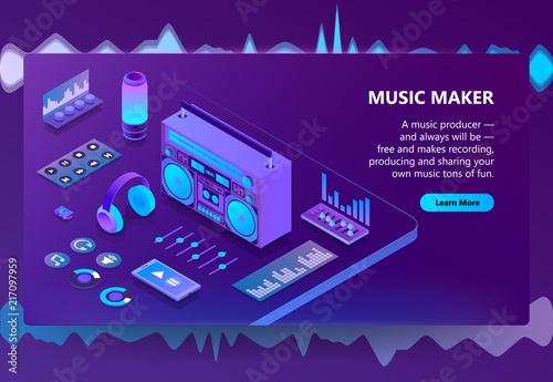 Music maker vector illustration for recording production technology. Isometric DJ equipment or audio Hi-Fi player, sound mixer controls or headphones and speakers on purple ultraviolet background