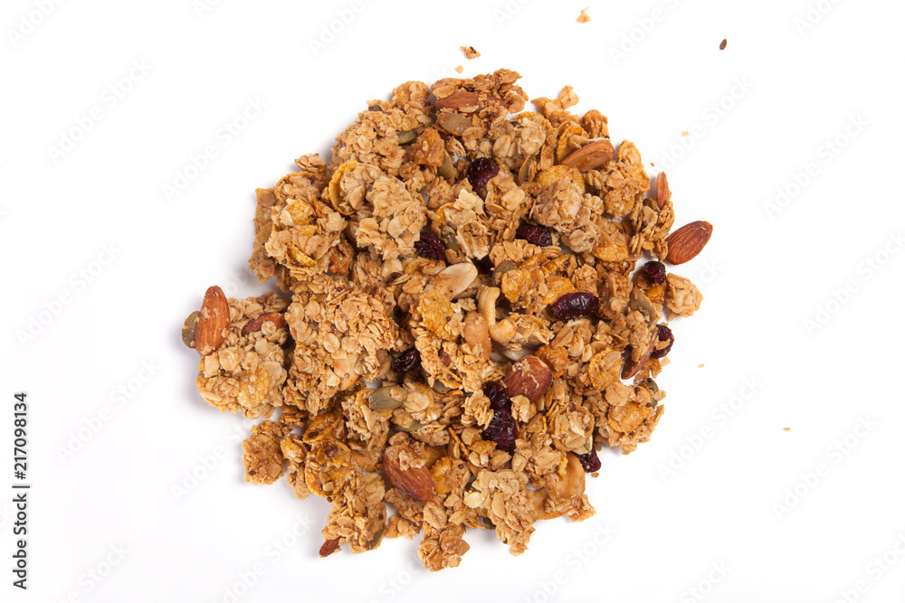 Close up pile Granola isolated on white background. Close up pile Granola isolated on white background.