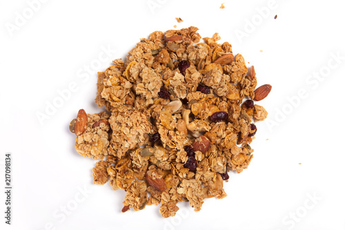 Close up pile Granola isolated on white background.