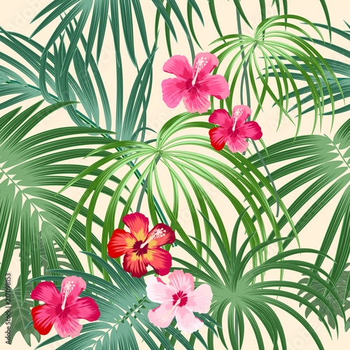 Tropical plant seamless pattern, tropical leaves of palm tree and flowers.
