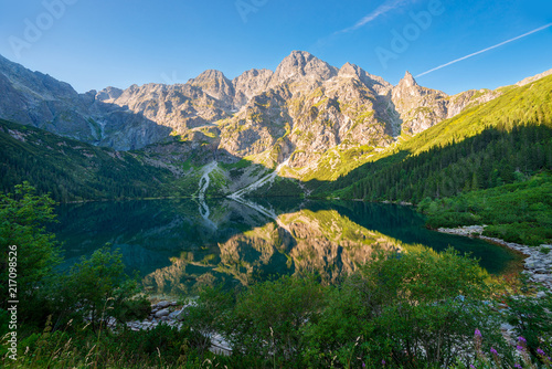 tourist attraction of Poland lake Morskie Oko in the Tatra mountains at dawn