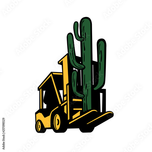 Forklift Truck Lifting Cactus Plant Retro