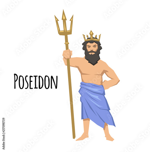 Poseidon, ancient Greek god of the sea with trident. Ancient Greece mythology. Flat vector illustration. Isolated on white background.
