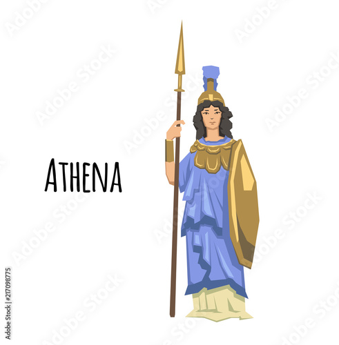 Athena, ancient Greek goddess of Wisdom, War, and Useful Arts. Ancient Greece mythology. Flat vector illustration. Isolated on white background.