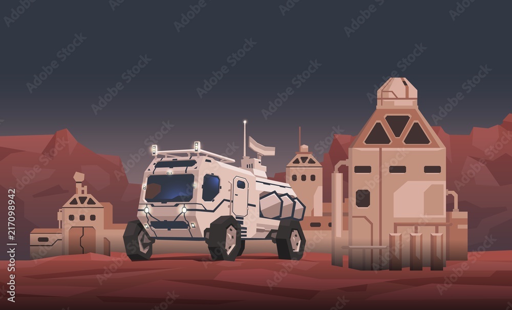 Mars rover vehicle and space colony on alien planet landscape ...