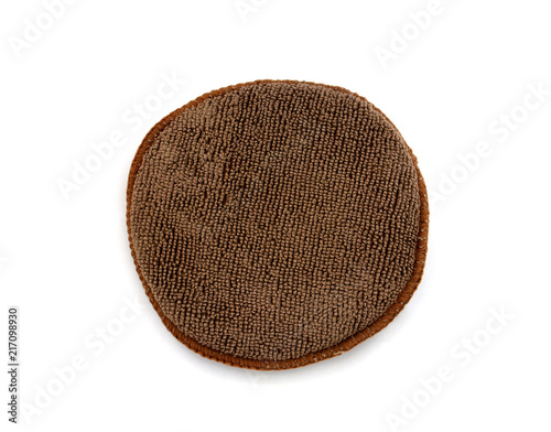 clipping path, round shape microfibre applicator pad, sponge wrap by brown micro fiber cloth isolated on white background