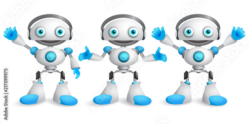 Friendly robots vector character set. Funny mascot robot design element for presentation with postures and hand gestures isolated in white. Vector illustration.
