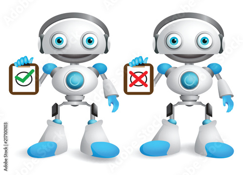 Robot vector characters set. Friendly robotic android holding white board with sign different signs isolated in white. Vector illustration for presentation.
