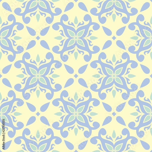 Floral seamless background. Blue and green flower pattern on beige backdrop