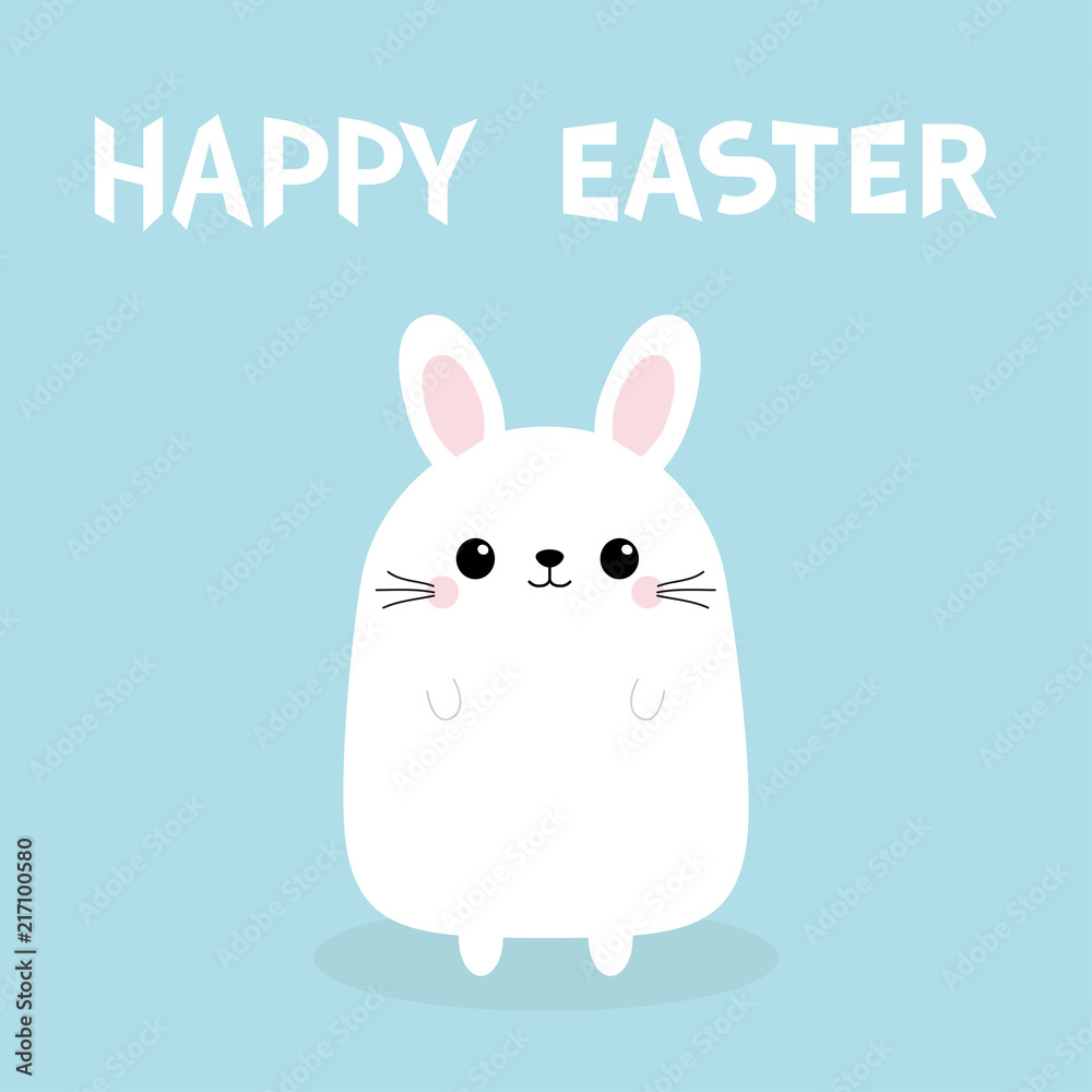 Fototapeta premium Happy Easter. White bunny rabbit. Funny head face. Cute kawaii cartoon character. Baby greeting card. Blue background. Flat design.