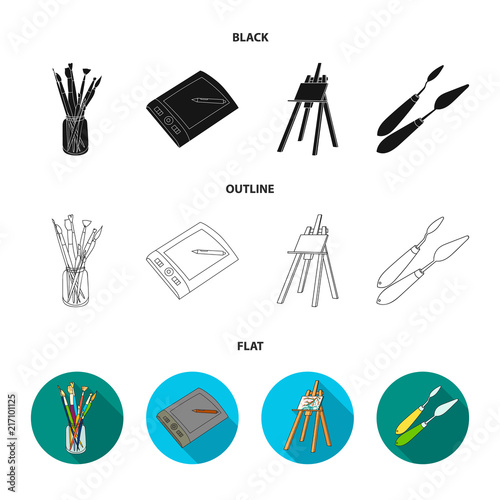 Bank with brushes, a drawing board, an easel with a canvas, paint knives.Artist and drawing set collection icons in cartoon style vector symbol stock illustration web.