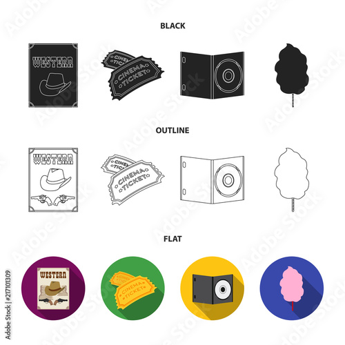 Western cinema, tickets, sweet cotton wool, film on DVD.Filmy and cinema set collection icons in black,flat,outline style vector symbol stock illustration web.