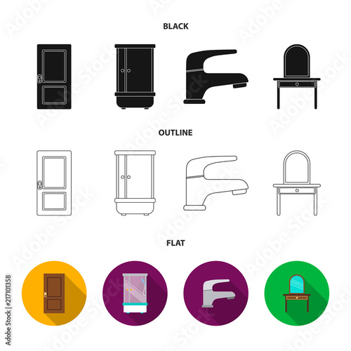 Door, shower cubicle, mirror with drawers, faucet.Furniture set collection icons in cartoon style vector symbol stock illustration web.