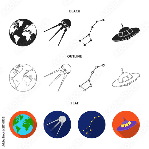 Planet Earth with continents and oceans, flying satellite, Ursa Major, UFO. Space set collection icons in black,flat,outline style vector symbol stock illustration web.