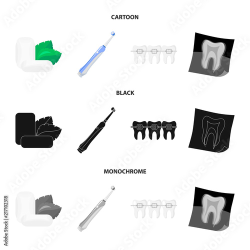Mint chewing gum with mint leaves, toothbrush with bristles, bregettes with teeth, X-ray of the tooth. Dental care set collection icons in cartoon,black,monochrome style vector symbol stock