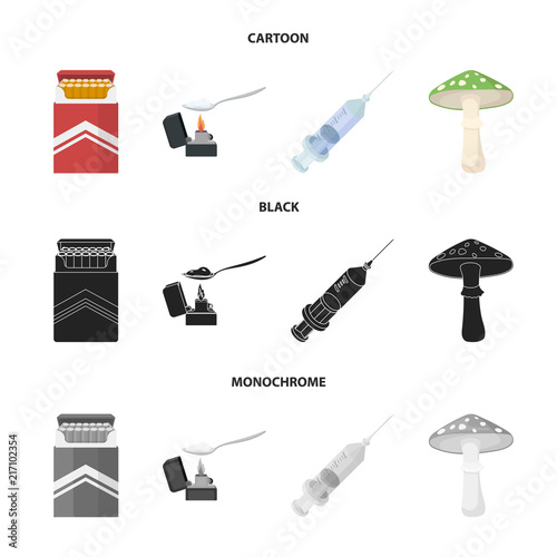 Cigarettes, a syringe, a galoyucinogenic fungus, heroin in a spoon.Drug set collection icons in cartoon,black,monochrome style vector symbol stock illustration web.