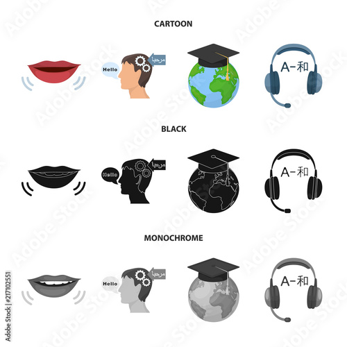 The mouth of the person speaking, the person head translating the text, the globe with the master cap, the headphones with the translation. Interpreter and translator set collection icons in cartoon