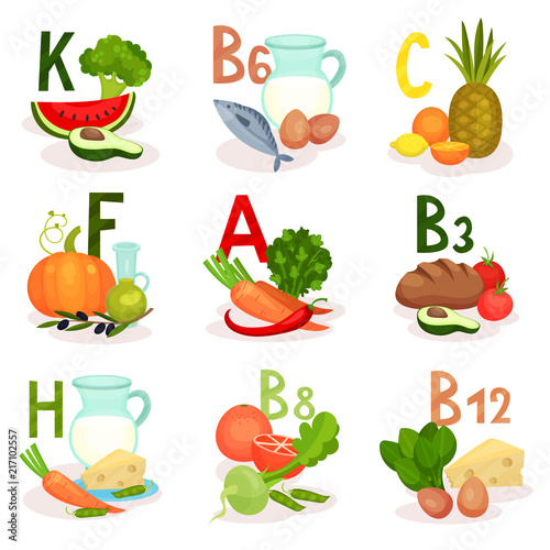 Food sources of different vitamins. Healthy nutrition and diet theme. Flat vector for infographic poster or mobile app