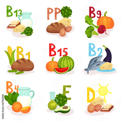 Flat vector set of products containing different vitamins. Healthy nutrition. Food theme. Elements for poster or banner