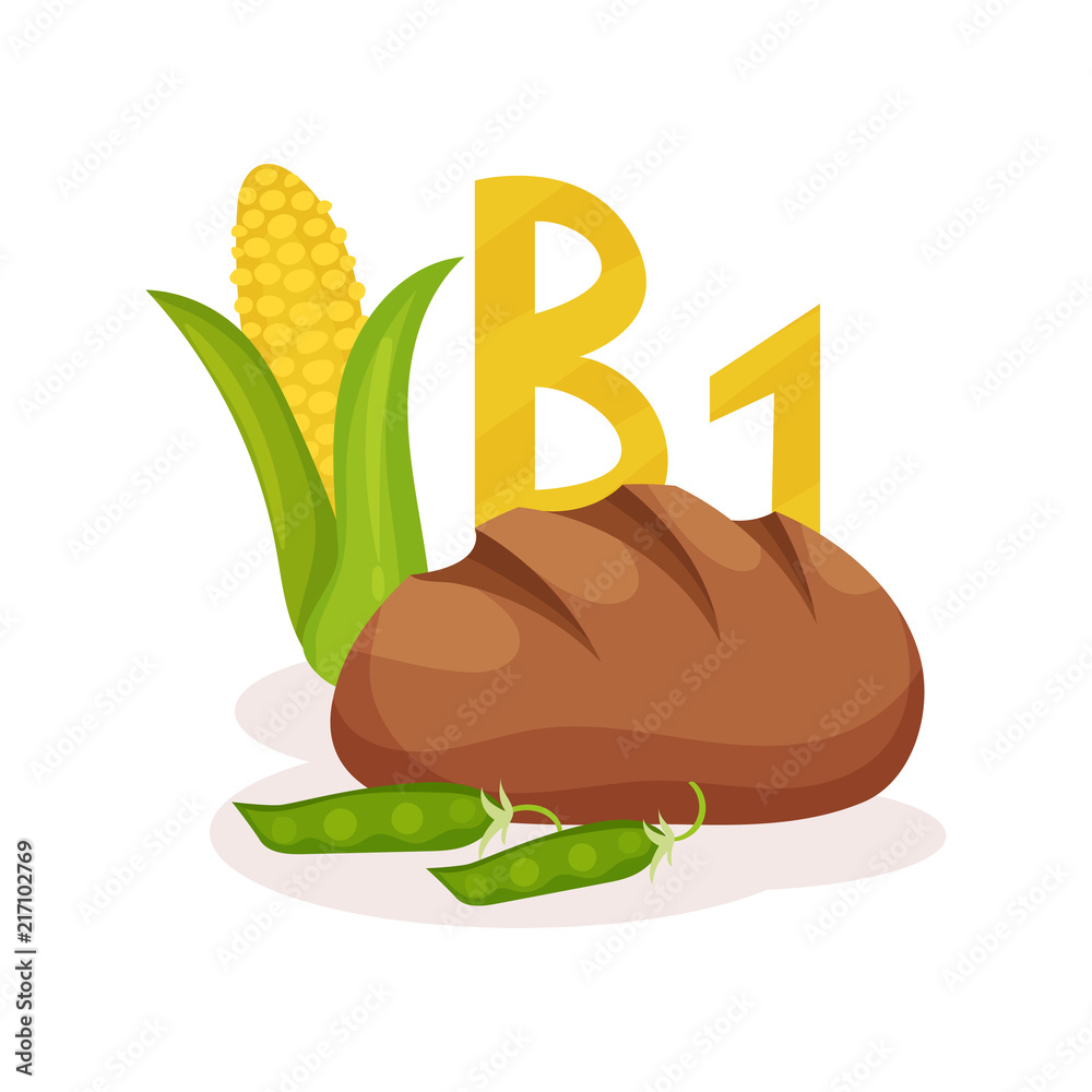 Flat vector illustration of corn, green peas and rye bread. Products with vitamin B1 thiamin