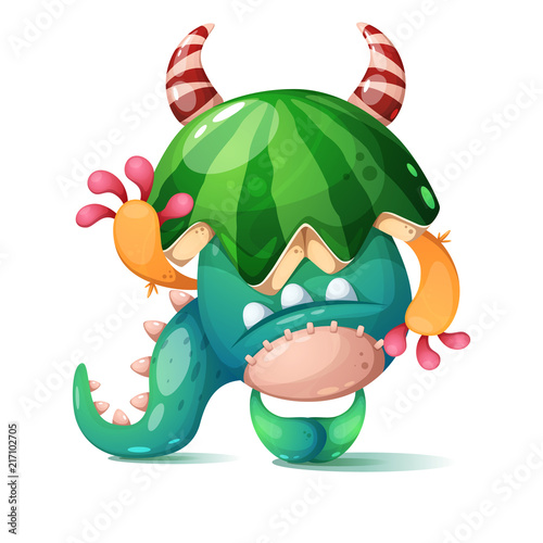 Monster with a watermelon on his head. Vector eps 10.