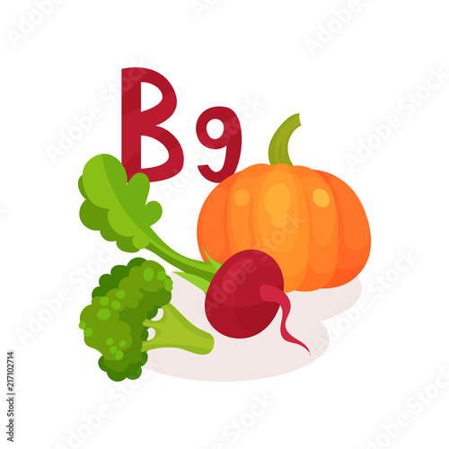 Products containing vitamin B9 folic acid . Fresh beetroot, pumpkin and broccoli. Organic and healthy food. Flat vector design