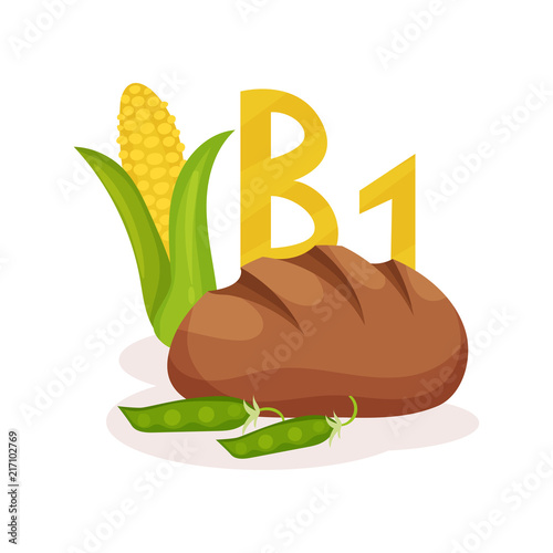 Flat vector illustration of corn, green peas and rye bread. Products with vitamin B1 thiamin . Nutrition and diet theme