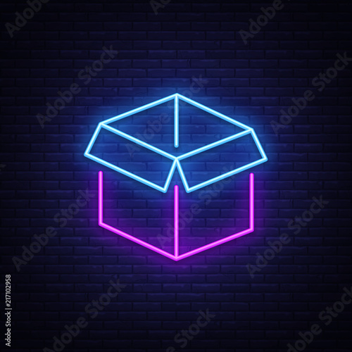 Box Neon Sign Vector. Gift neon sign, Win super prize design template, modern trend design, night neon signboard, night bright advertising, light banner, light art. Vector illustration